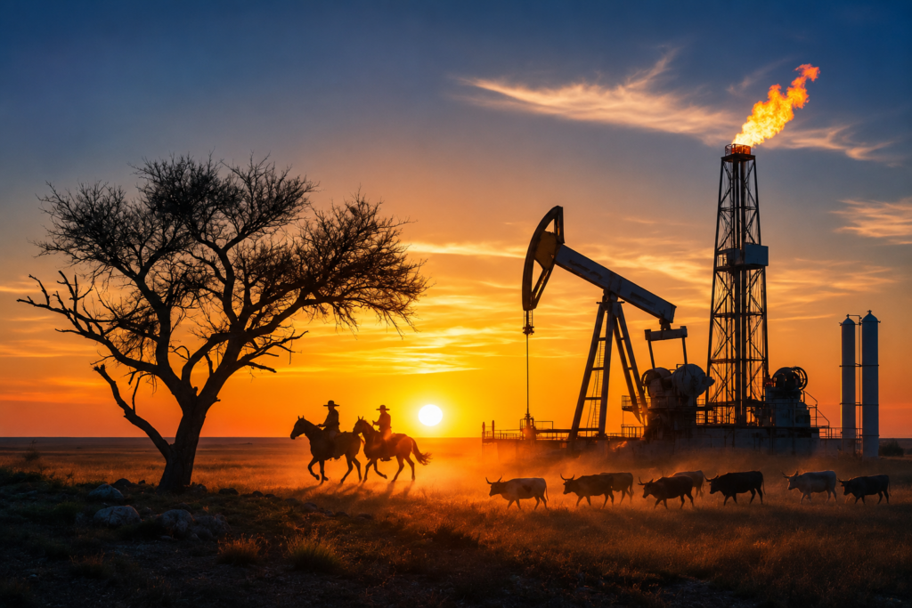 West Texas drilling field with horses and cattle - Lonesome Dove Energy image. 